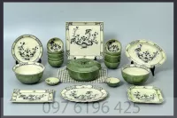 Bộ đồ ăn Bát Tràng men xanh đồng vẽ chuồn