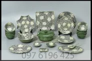 Bộ đồ ăn sứ Bát Tràng men xanh đồng vẽ hoa dây
