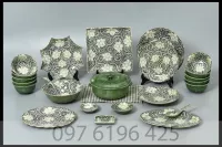 Bộ đồ ăn sứ Bát Tràng men xanh đồng vẽ hoa dây