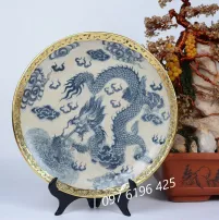 Đĩa trưng bày gốm men rạn bọc đồng vẽ rồng
