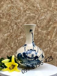 Lọ hoa gốm men rạn dáng tỏi dẹt vẽ hoa sen