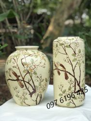 Lọ hoa Bát Tràng men kem vẽ chim đào
