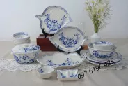 Bộ đồ ăn Bát Tràng  men trắng vẽ hoa sen