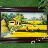 Tranh sứ Bát Tràng cảnh đồng quê mùa gặt
