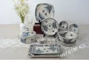 Bộ bát đĩa Bát Tràng vẽ chuồn khoai