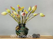 Lọ hoa gốm sứ men hỏa biến xanh đắp hoa sen
