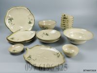 Bộ bát đĩa gốm sứ Bát Tràng men Nhật nâu vẽ chuồn tre