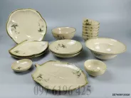Bộ bát đĩa gốm sứ Bát Tràng men Nhật nâu vẽ chuồn tre