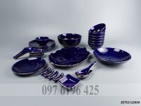 Bộ bát đĩa Bát Tràng men xanh cô ban viền vàng kim