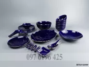 Bộ bát đĩa Bát Tràng men xanh cô ban viền vàng kim