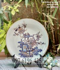 Đĩa cảnh sứ men lam vẽ mai cài thọ vàng kim