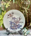 Đĩa cảnh sứ men lam vẽ mai cài thọ vàng kim