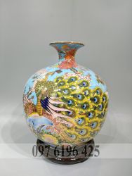 Bình hút tài lộc băng nền xanh vẽ công đào vàng kim