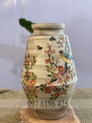 Bình gốm vuốt tay hình trám vẽ chim đào