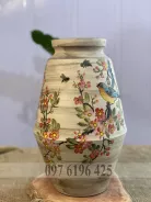 Bình gốm vuốt tay hình trám vẽ chim đào