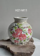 Bình hoa gốm mộc dáng tròn vẽ hoa hồng