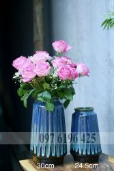 Bình cắm hoa dáng trụ khía men hỏa biến xanh