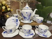 Bộ ấm chén hình lục lăng men trắng vẽ sen xanh