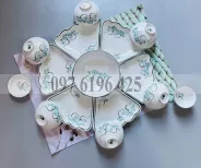 Bát đĩa hoa mặt trời trắng vẽ sen xanh