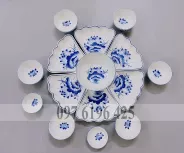 Bát đĩa hoa mặt trời men trắng vẽ hoa sen xanh