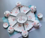 Bộ bát đĩa hoa mặt trời trắng vẽ đào đỏ