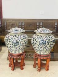 Bình gốm men rạn có nắp vẽ hoa dây phù dung