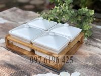Khay mứt sứ 4 ngăn đế gỗ gốm sứ Bát Tràng