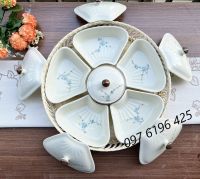 Khay mứt sứ hình hoa đào vẽ đào xanh