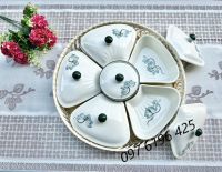 Khay mứt sứ Bát Tràng  vẽ sen xanh