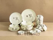 Bộ bát đĩa Bát Tràng men kem vẽ sen đen