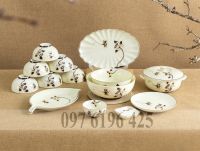 Bộ bát đĩa men kem vẽ sen đen gốm sứ Bát Tràng