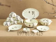 Bộ bát đĩa men kem vẽ sen đen gốm sứ Bát Tràng