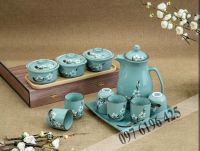 Bộ bình nước men ngọc vẽ đào trắng gốm sứ Bát Tràng