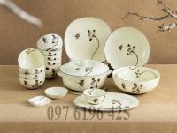 Bộ bát đĩa cao cấp men kem vẽ hoa sen