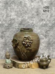 Bình gốm mộc dáng tròn đắp sen