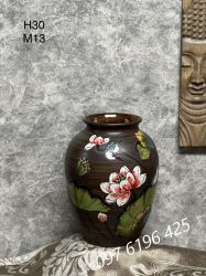 Bình gốm mộc dáng chum vẽ sen cao 30cm