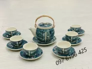 Bộ trà quai đồng nền xanh vẽ trúc