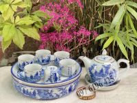 Ấm chén viền vàng kim trúc lâm thất hiền kèm khay