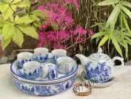 Ấm chén viền vàng kim trúc lâm thất hiền kèm khay