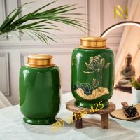 Hũ đựng trà, hũ trà sứ Bát Tràng dáng bí vẽ hoa sen