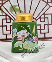 Hũ đựng trà, hũ trà sứ Bát Tràng thân vuông vẽ sen màu