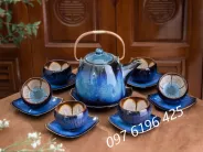 Ấm chén men hỏa biến xanh quai đồng dáng siêu