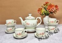 Bộ trà phú quý men kem hoa đào hồng gốm sứ Bát Tràng