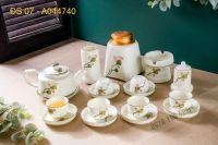 Ấm chén men kem vẽ đài sen