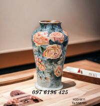 Lọ hoa vuốt tay gốm Bát Tràng vẽ hoa hồng cao 33cm