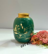 Lọ trà dáng bầu tròn hoa sen nét- màu xanh