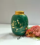 Lọ trà dáng bầu tròn hoa sen nét- màu xanh