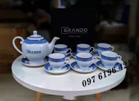 Ấm chén viền xanh hoa vàng kim  in logo