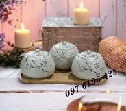 Bộ hũ mứt tròn gốm trắng hoa đào