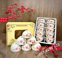 Bộ 10 bát cơm Bát Tràng hoa đào đỏ